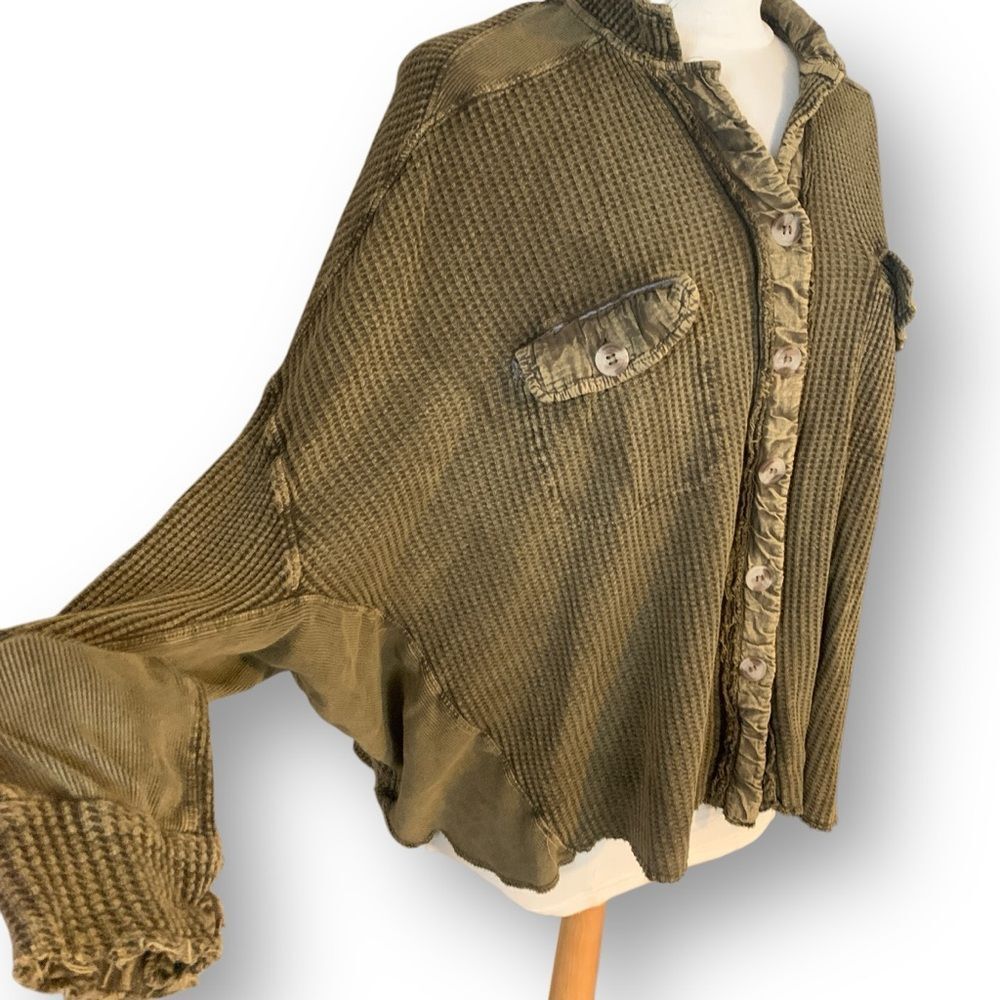 FP Free People Scout Jacket Waffle Knit Oversized Layering Shirt Green Small - Picture 7 of 16